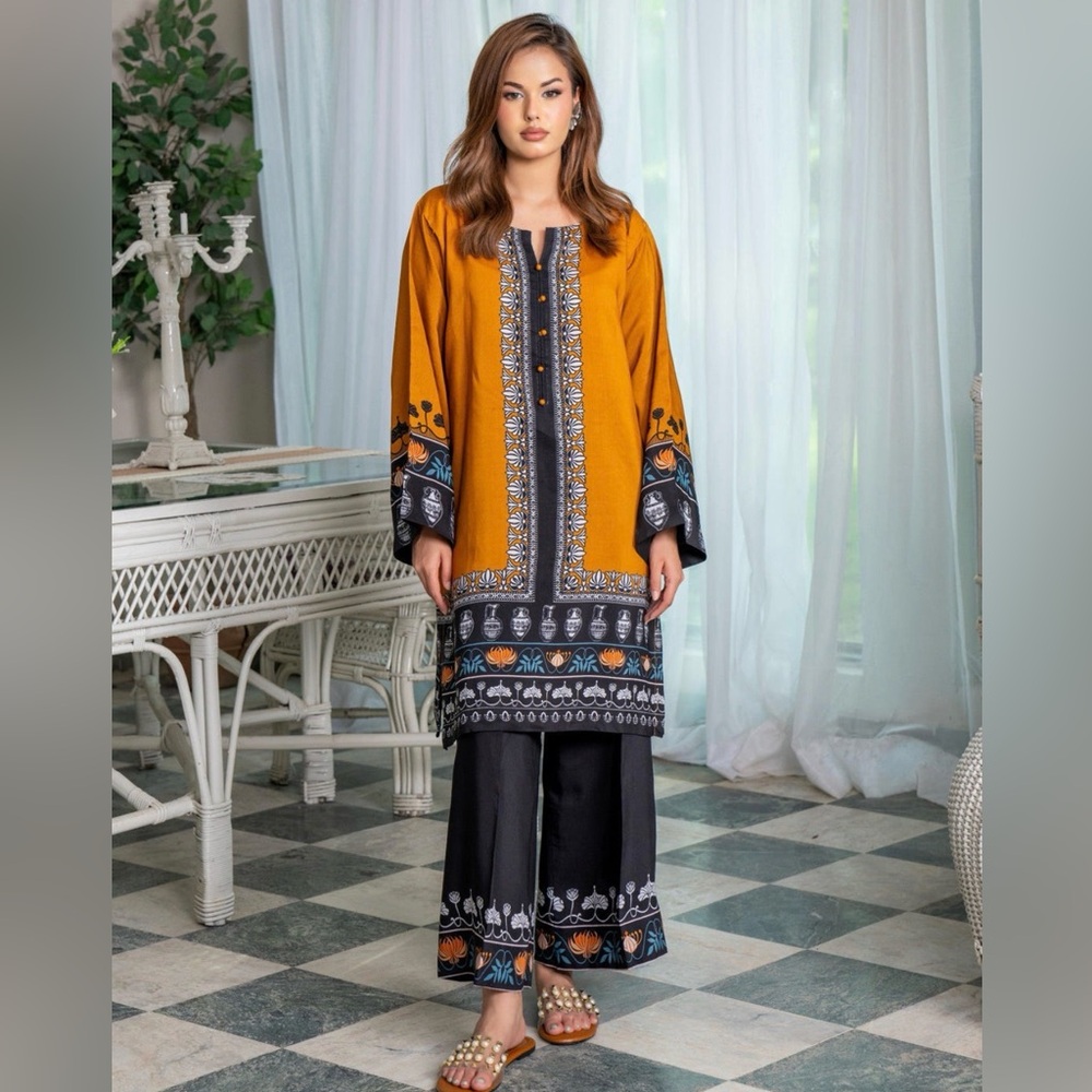 Printed Mustard and Black 2 pc Kurta Set/ Co-Ord!